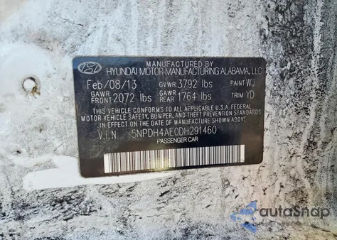 2013 Hyundai Elantra Gls z USA, uszkodzony, nr VIN 5NPDH4AE0DH291460